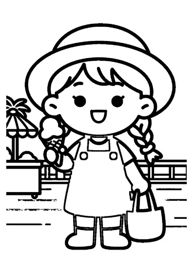 Una niña con sombrero y vestido de lunares sostiene un cucurucho de helado en un paseo marítimo junto a la playa.