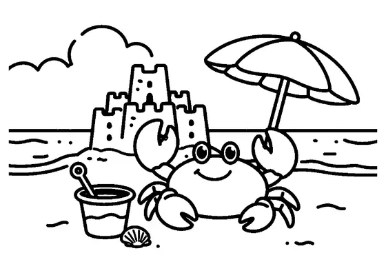 Un crab zâmbitor, cu cleștii ridicați, lângă o găletușă și un castel de nisip, pe malul mării.