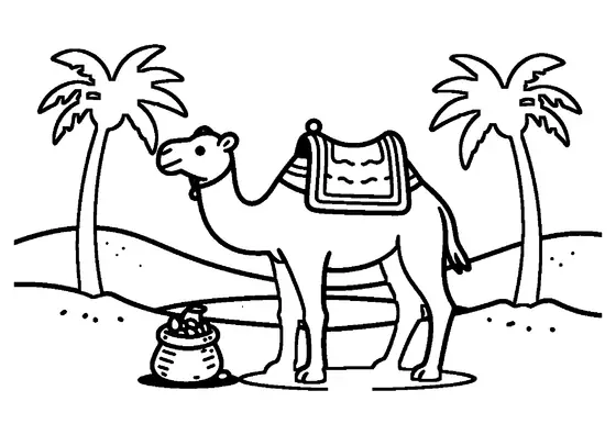 Ein Kamel steht auf einer Sanddüne neben einer Dattelpalme und einem kleinen Teich in einer Wüstenoase.