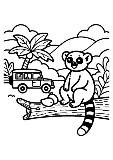 Un lemur zâmbitor, cu coada dungată, ține un fruct pe fundalul unei păduri tropicale.