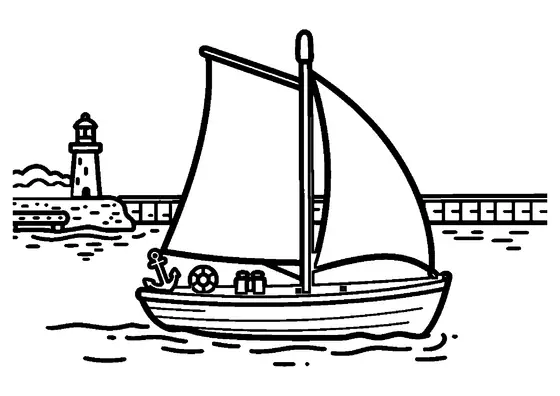 Un velero de madera con salvavidas navega cerca de un faro junto al mar.