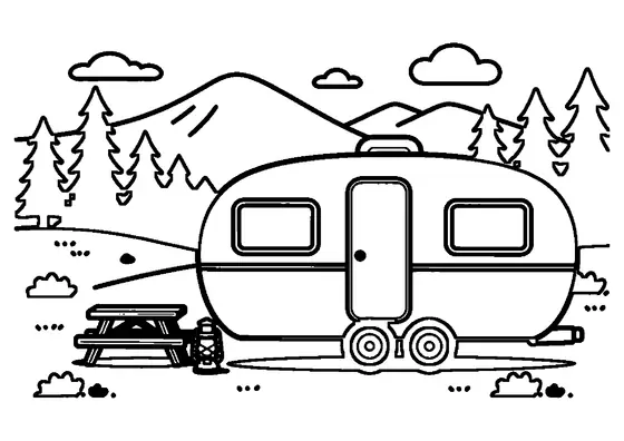 Ein klassischer Wohnwagen mit Picknicktisch steht am Rand eines Waldes.