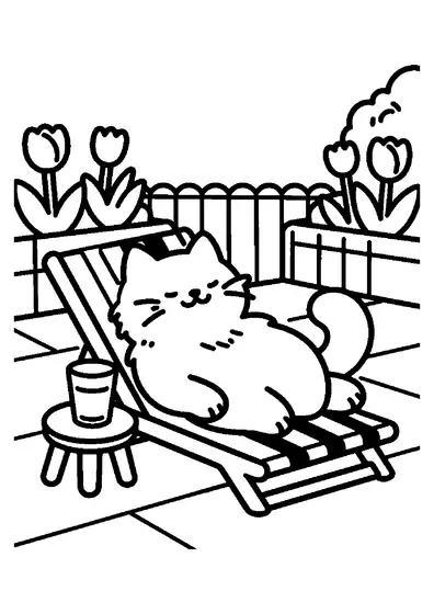 Eine schlafende, flauschige Katze ruht neben einem Glas Limonade auf einer Gartenliege.