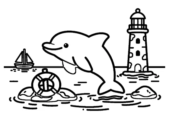 Un delfin sare peste un val al mării, în apropierea unui far din piatră și a unui țărm stâncos.