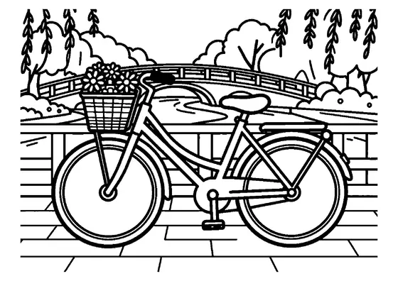 Planșă de colorat A4 cu o bicicletă cu un coș de flori, aflată pe un pod din lemn.