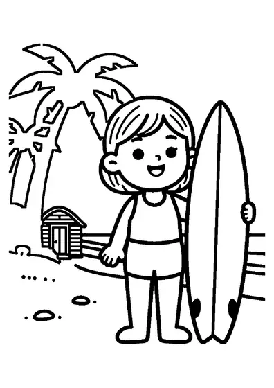 O fată zâmbitoare, cu părul tuns scurt, stă lângă o placă de surf și palmieri, pe plajă.