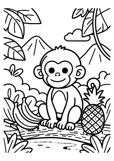 O maimuță prietenoasă stă pe o creangă, printre banane și palmieri, într-o grădină tropicală.