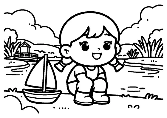 Uma menina a soltar um barco de brincar grande num lago.