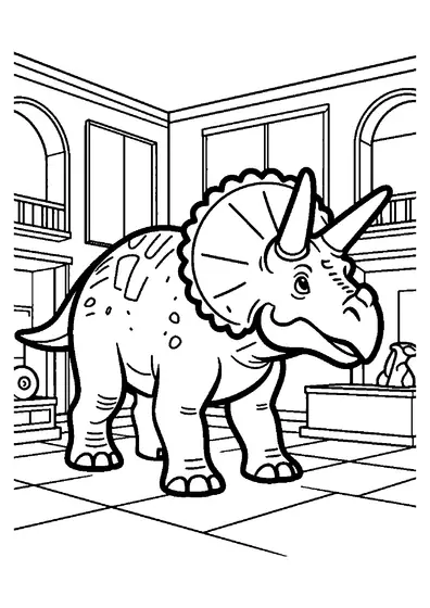 A triceratops model stands in a museum beside a large fossil and a display stand.