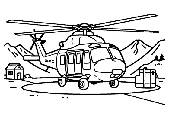 A rescue helicopter stands on a mountain landing pad beside a stretcher and an equipment case.