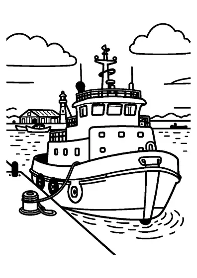 A large tugboat at the dock with a buoy, rope, fish warehouse, and lighthouse.