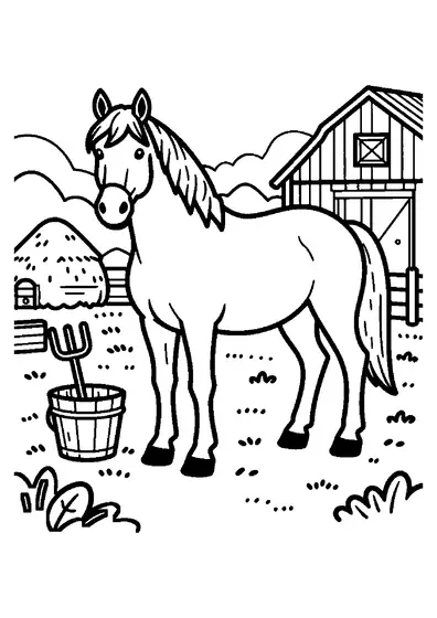 A horse stands by a barn beside a bucket and pitchfork, with a haystack in the background.
