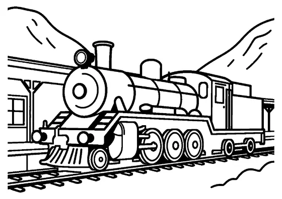 A steam train standing at a mountain station platform beside a trunk and luggage cart.
