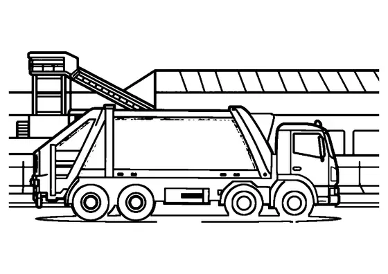 A garbage truck stands at a recycling center beside a large container and a bale of crushed packaging.