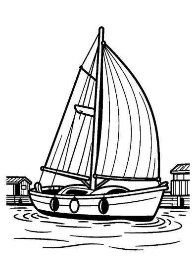 A sailboat cruising past a buoy near the marina, with a dock and boat shed in the background.