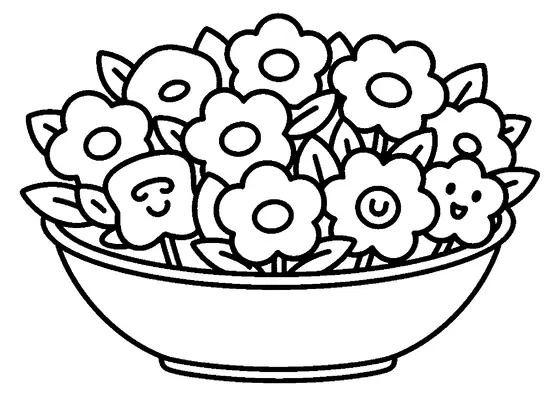 Låg blomsterdekoration i en skål med stora blommor och breda blad.