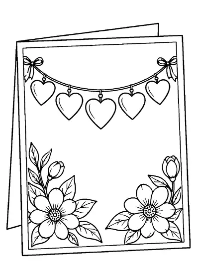 Blank Mother's Day card with five hanging hearts, bows, two large flowers, leafy stems and an empty center.