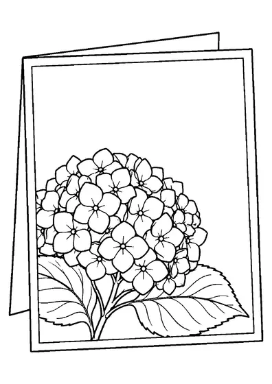 Een blanco gevouwen Moederdagkaart met een grote hortensia, twee getande bladeren en een leeg midden bovenaan.