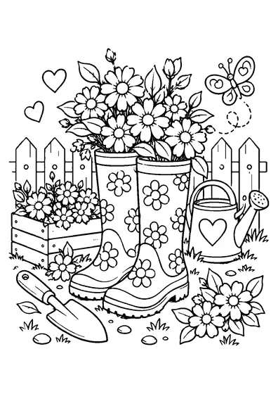 Garden boots filled with flowers beside a flower box, hand trowel, watering can, short fence, butterfly, and hearts.