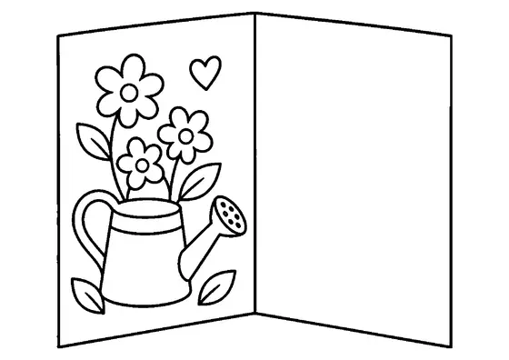 Open Moederdagkaart met een gieter, drie bloemen, bladeren, een hartje en een leeg binnenvlak.
