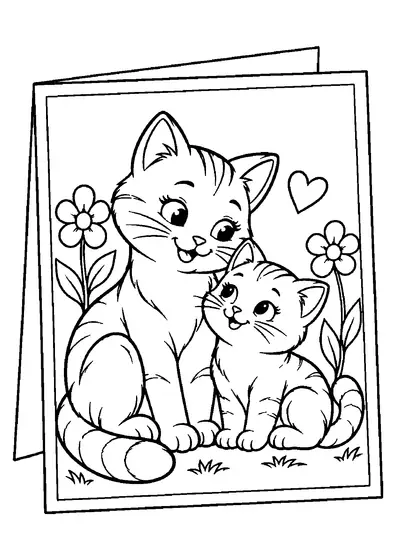 Blank Mother's Day card with a mother cat and kitten, one small heart, two flowers, leaves and grass tufts.