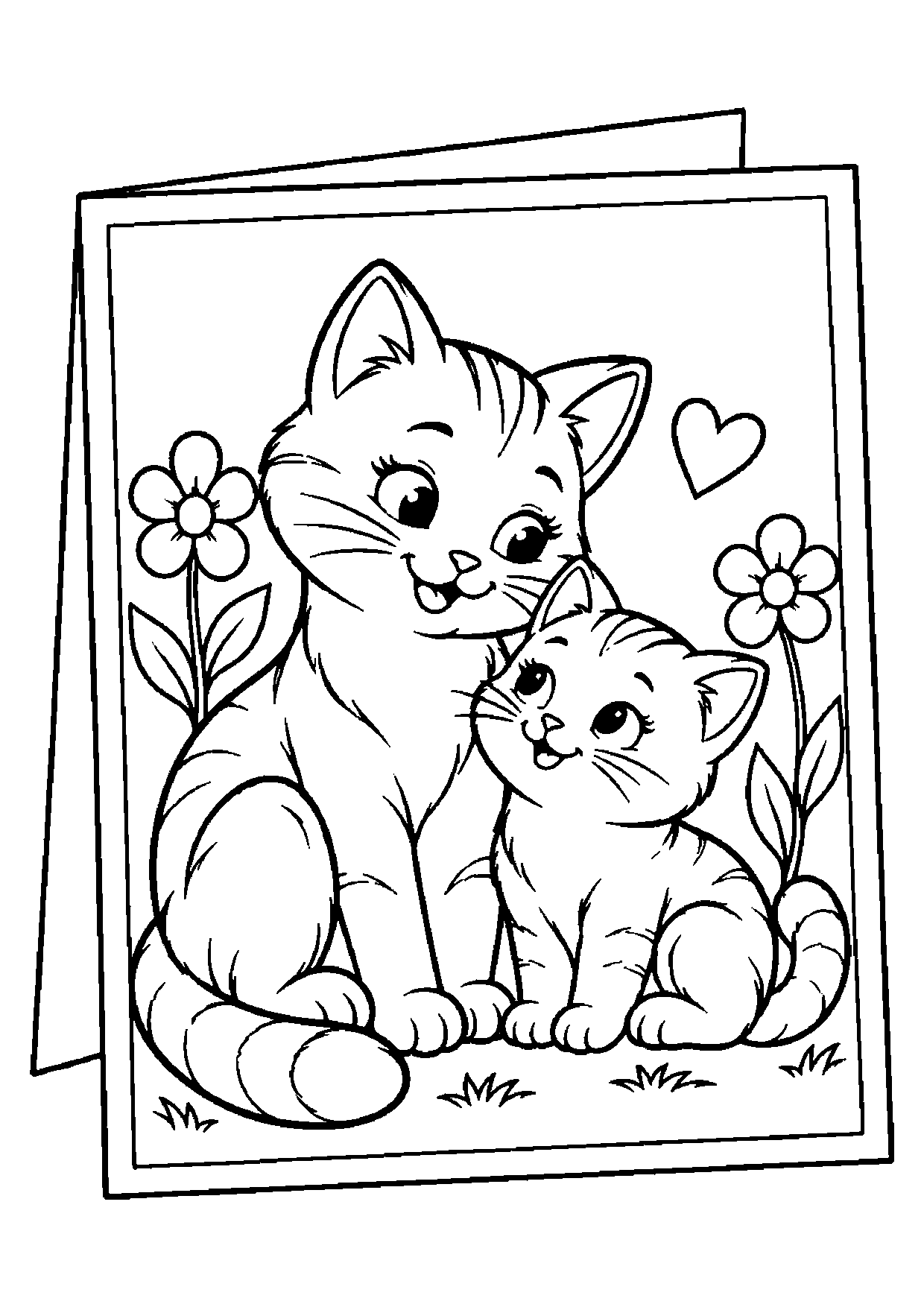 Blank Mother's Day card with a mother cat and kitten, one small heart, two flowers, leaves and grass tufts.