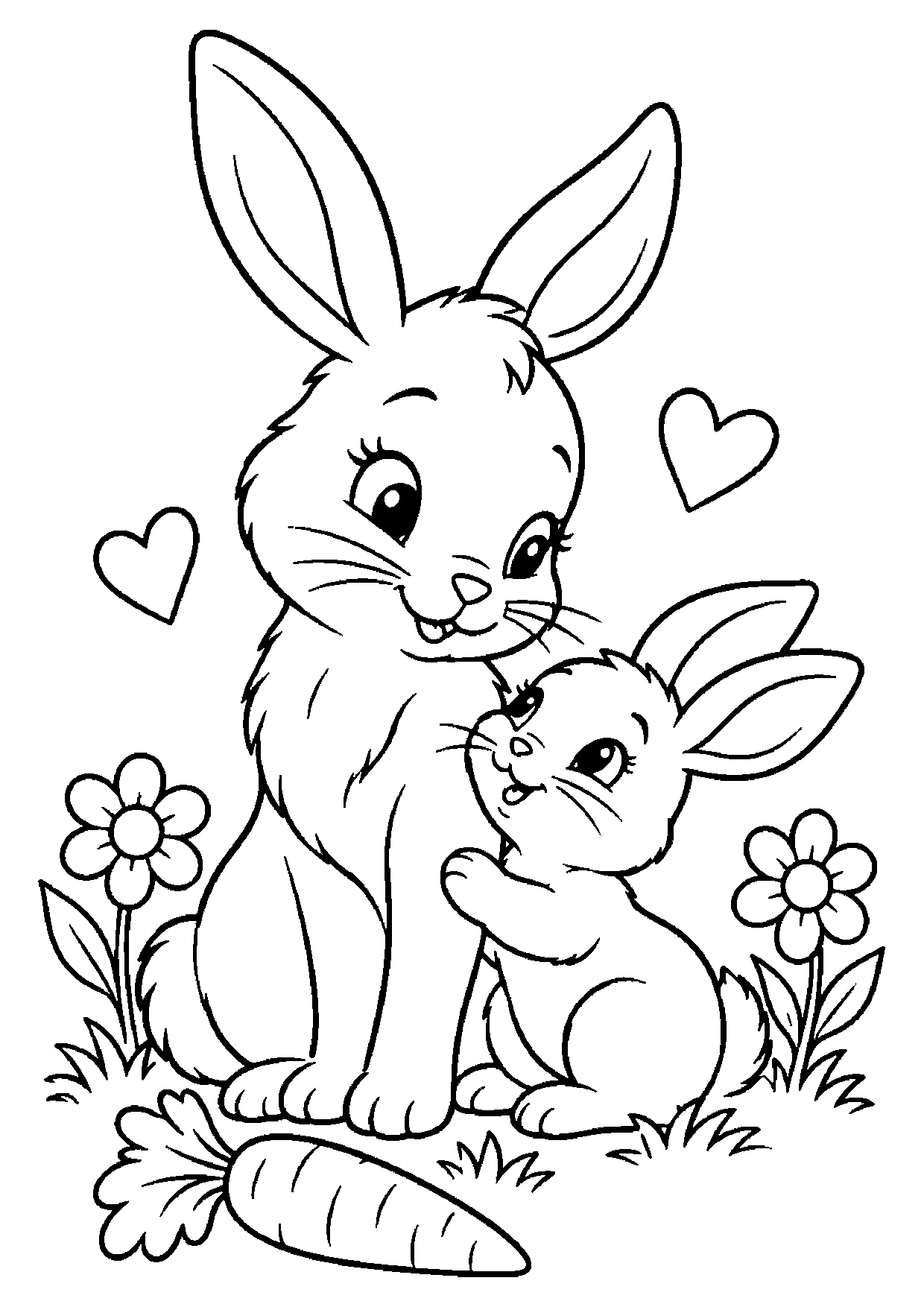 Mother rabbit sitting close beside a small bunny with a carrot, two flowers, grass tufts, and two hearts nearby.