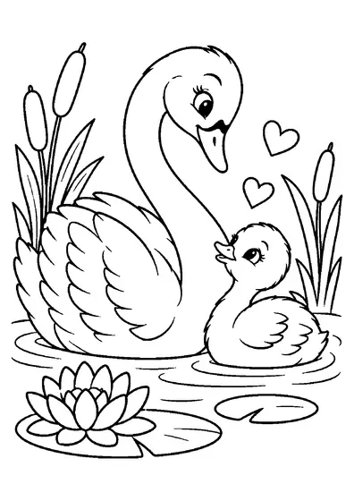 Mother swan floating beside a cygnet with reeds, cattails, lily pads, a water lily, and two hearts around them.