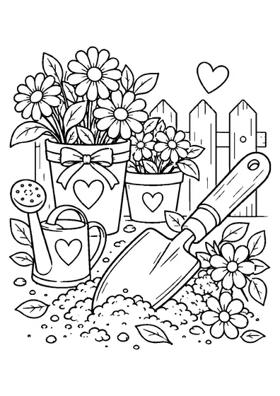 Garden trowel on loose soil among flowers, leaves, two flowerpots, a watering can, short picket fence, and one heart.