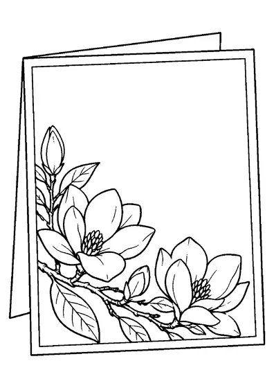 Een blanco gevouwen Moederdagkaart met een magnoliatak, twee open bloemen, knoppen, bladeren en een leeg midden.