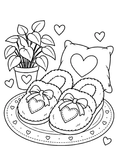 Fluffy slippers with bows and heart patches on a round rug beside a leafy plant, heart cushion, and floating hearts.