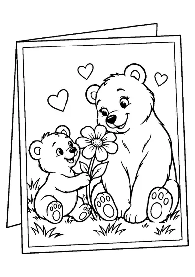 Blank Mother's Day card with a mother bear and cub, one large flower, grass tufts and small hearts.
