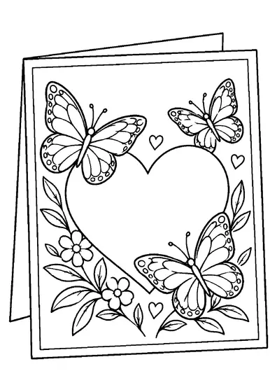Een lege Moederdagkaart met een groot hart, drie vlinders, kleine bloemen, groene takjes en kleine hartjes.