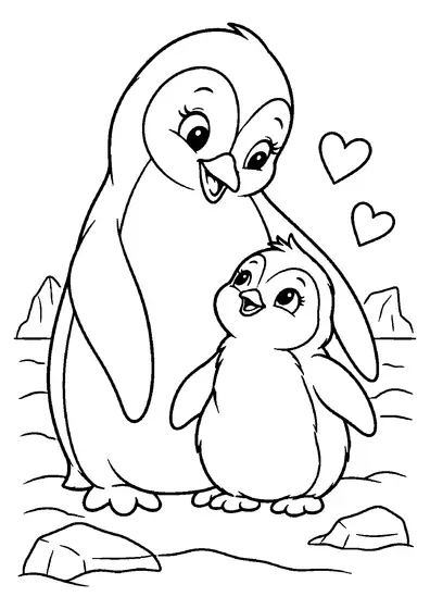 Mother penguin standing beside her chick with two hearts and small snow and ice shapes around their feet.