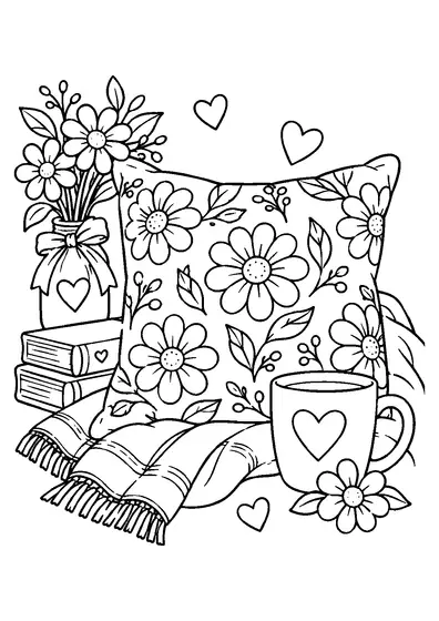Large flower cushion with a vase, stacked books, fringed blanket, heart mug, one flower, and two hearts around it.