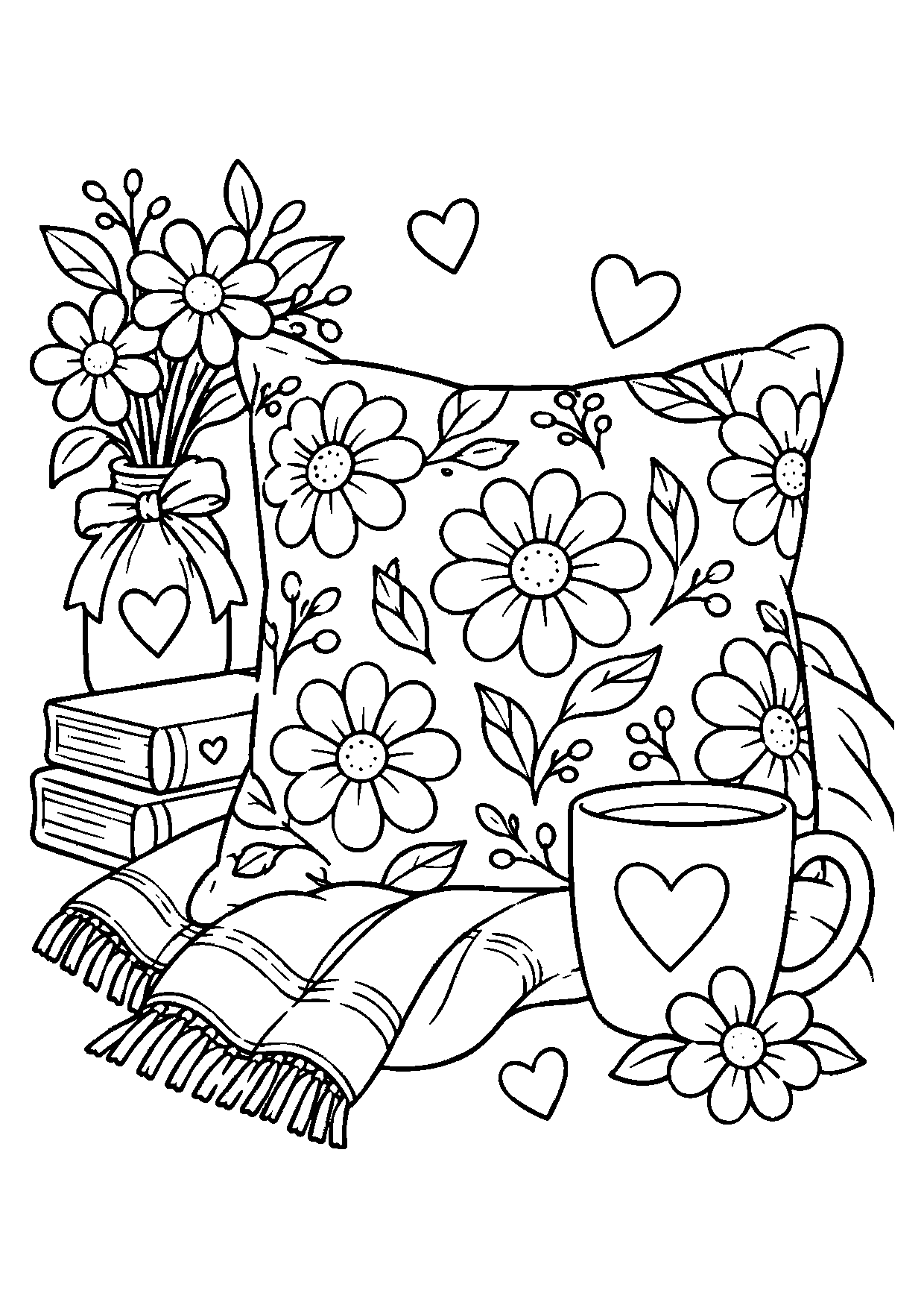 Large flower cushion with a vase, stacked books, fringed blanket, heart mug, one flower, and two hearts around it.