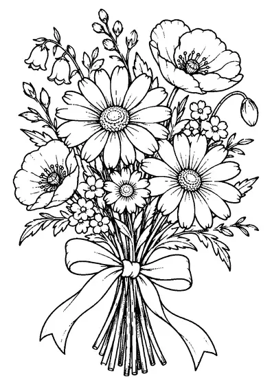 Een groot gemengd veldboeket met margrietachtige bloemen, klaproosachtige bloemen en kleine trosjes bloemen, onderaan samengebonden met een eenvoudige strik.