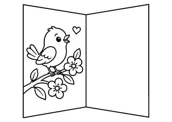 Open Moederdagkaart met een vogeltje op een bloeiende tak, twee bloemen, bladeren, een hartje en een leeg binnenvlak.