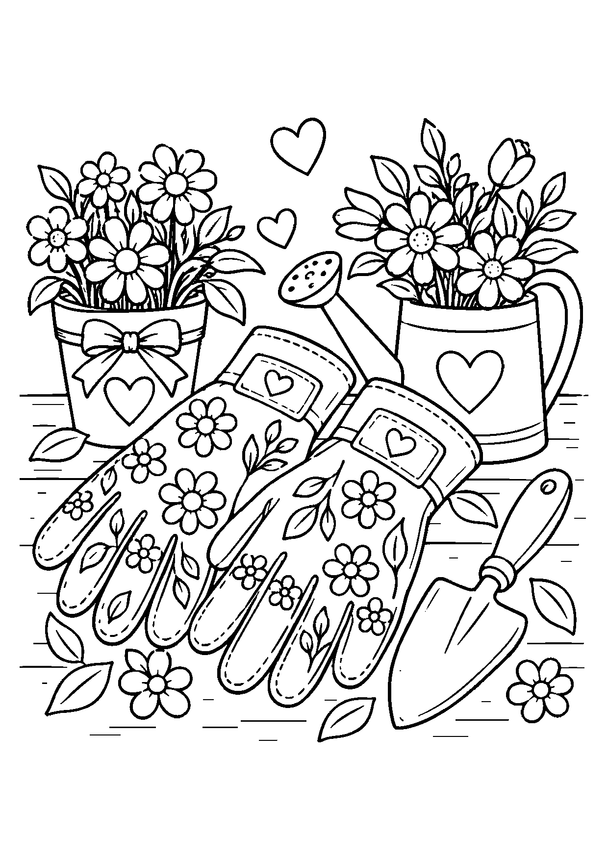 Flower-decorated garden gloves beside a hand trowel, two flowering containers, leaves, watering-can spout, and hearts.