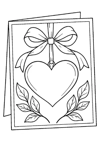 Blank Mother's Day card with a hanging heart beneath a bow, ribbon, two leafy branches and an empty center.