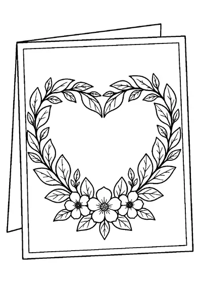 Een blanco gevouwen Moederdagkaart met een hartvormige krans van blaadjes, drie kleine bloemen en een groot leeg midden.