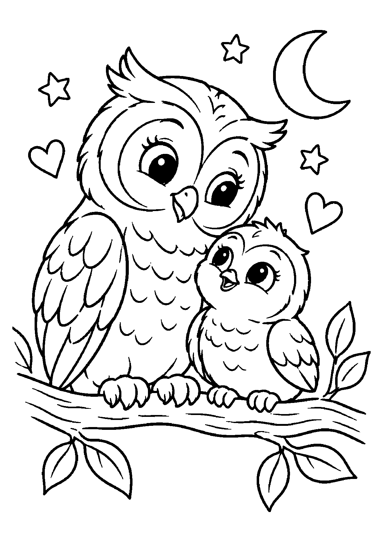 Mother owl and owlet perched together on a leafy branch with two hearts, three stars, and a crescent moon around them.
