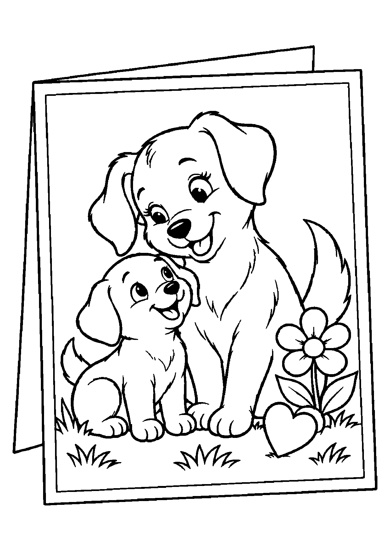 Blank Mother's Day card with a mother dog and puppy, one flower, a small heart and simple grass tufts.