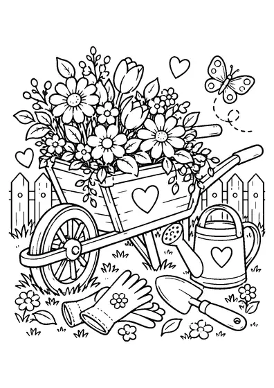 Wooden wheelbarrow overflowing with flowers beside gloves, a hand trowel, watering can, short fence, butterfly, and hearts.