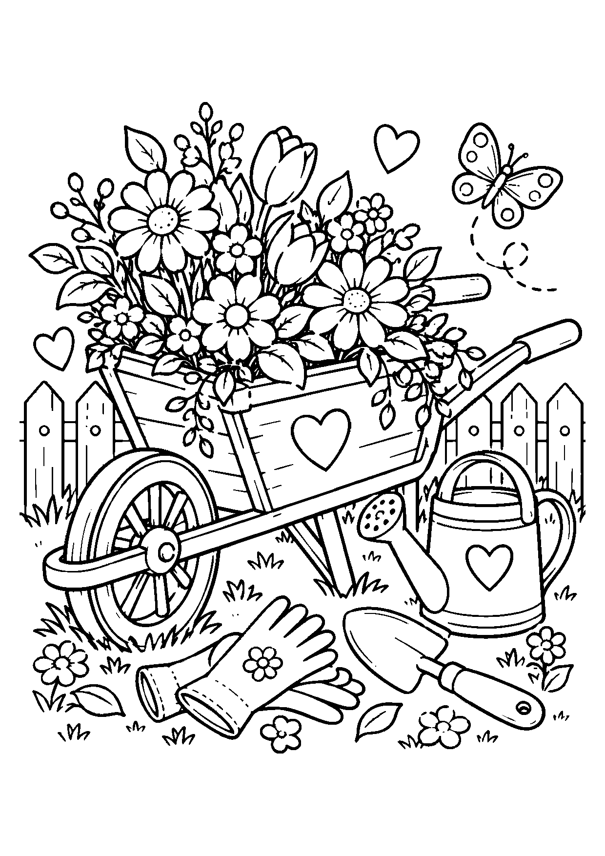 Wooden wheelbarrow overflowing with flowers beside gloves, a hand trowel, watering can, short fence, butterfly, and hearts.