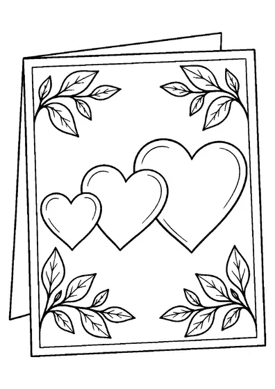 Blank Mother's Day card with three hearts from small to large, leafy corner branches and an empty center.