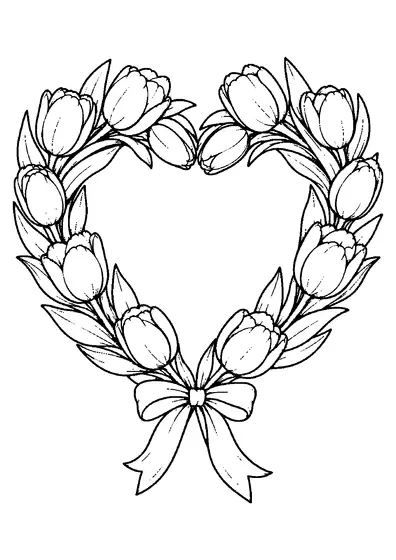 Een grote hartvorm van tulpen en puntige blaadjes, met onderaan een klein strikje.