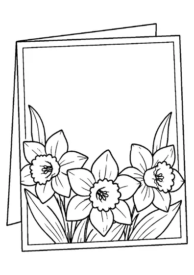 Een opengevouwen Moederdagkaart met drie narcissen, brede bladeren en een groot leeg midden om een boodschap te schrijven.