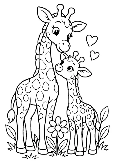 Mother giraffe standing close beside her calf with leaves, a flower, grass tufts, and two hearts around them.