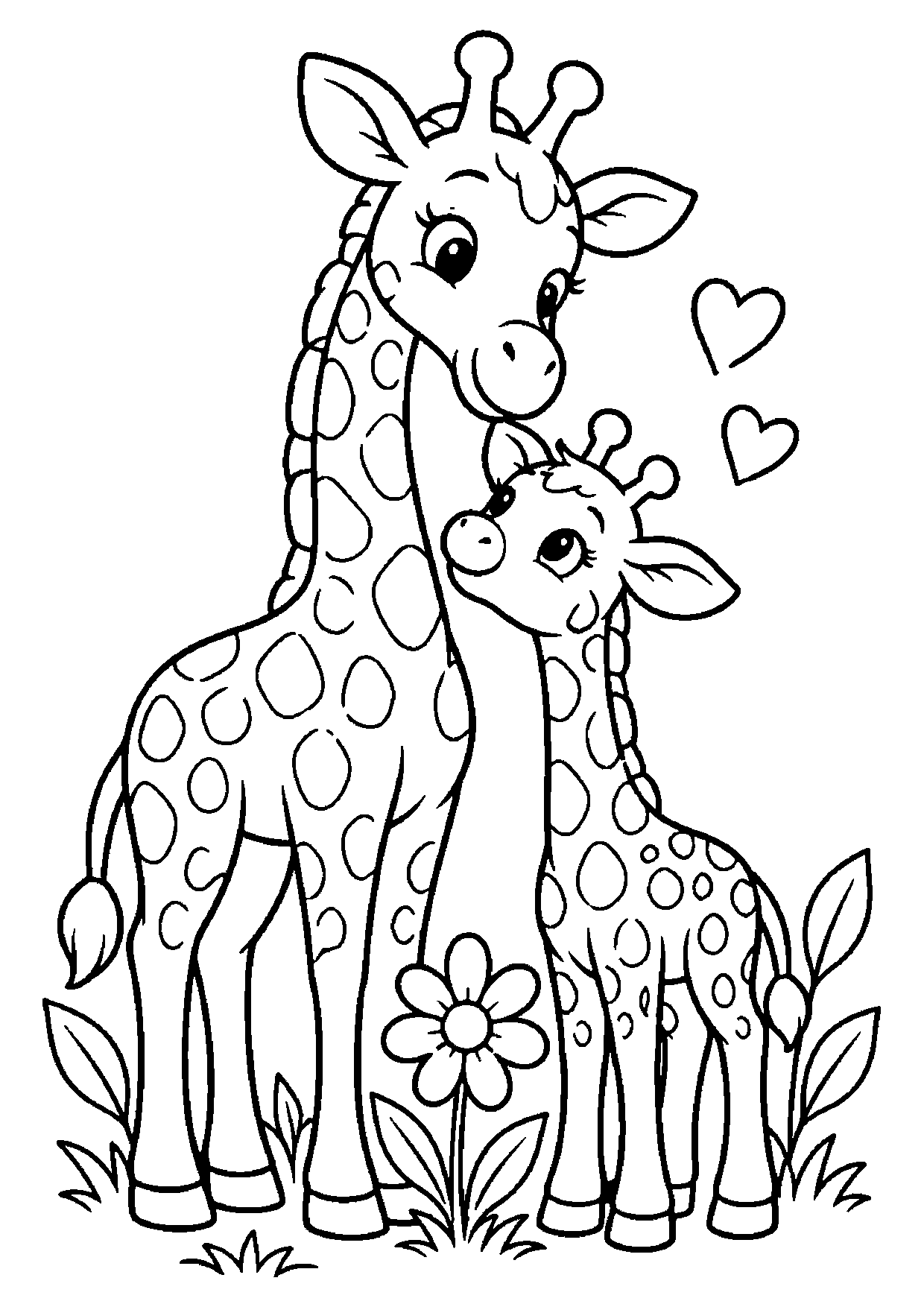 Mother giraffe standing close beside her calf with leaves, a flower, grass tufts, and two hearts around them.